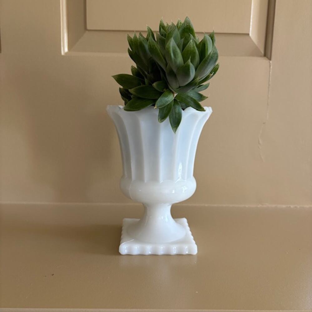Vintage White Milk Glass Pedestal Fluted Urn Vase - Picture 2 of 4